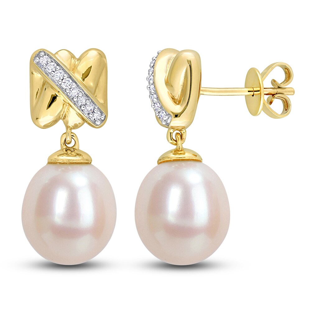 Cultured Freshwater Pearl Dangle Earrings 1/15 ct tw Diamonds 14K Yellow Gold 0fDymt0E