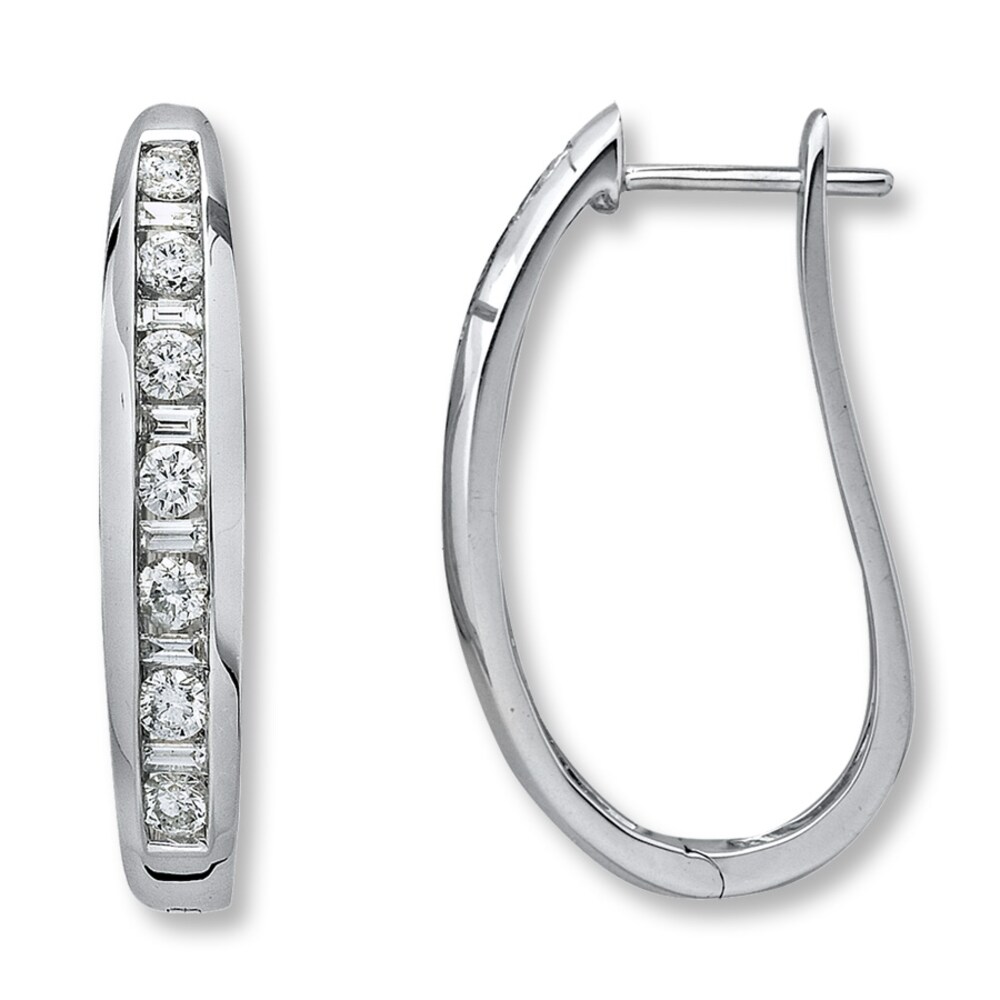 Diamond Hoop Earrings 1 ct tw Round/Baguette 14K White Gold 0fxVKOxY