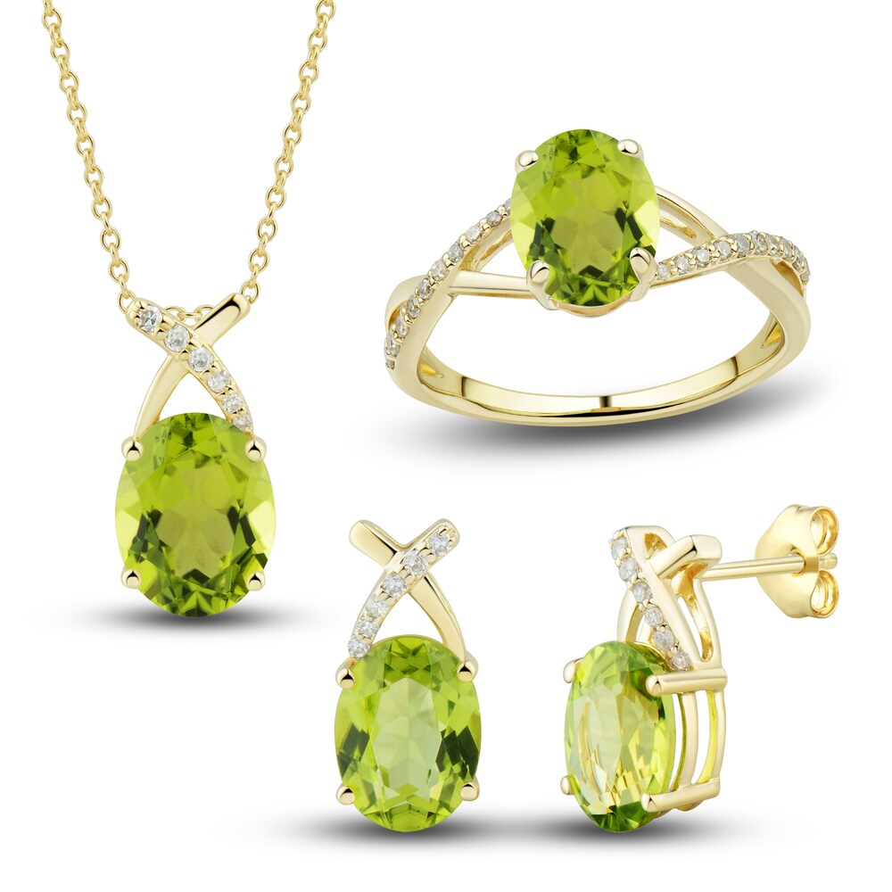 Natural Peridot Ring, Earring & Necklace Set 1/5 ct tw Emerald 10K Yellow Gold 16JhgOUq