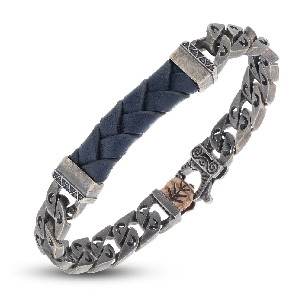 Marco Dal Maso Men\'s Flaming Tongue Blue Leather Link Bracelet Natural Blue Sapphire Sterling Silver 8\" 1ETU1n0T