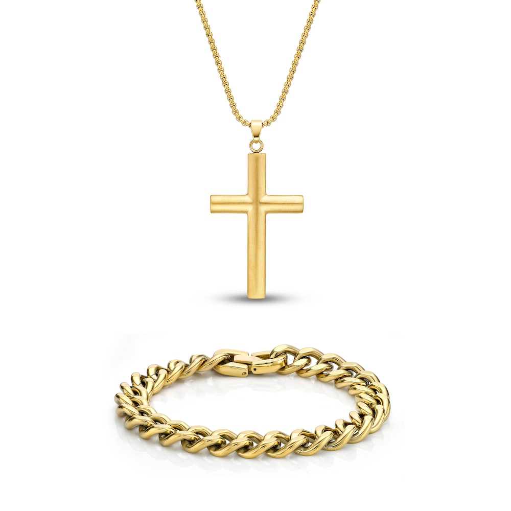 Men\'s Cross Chain Necklace/Bracelet Set Gold Ion-Plated Stainless Steel 1a9DIBIm