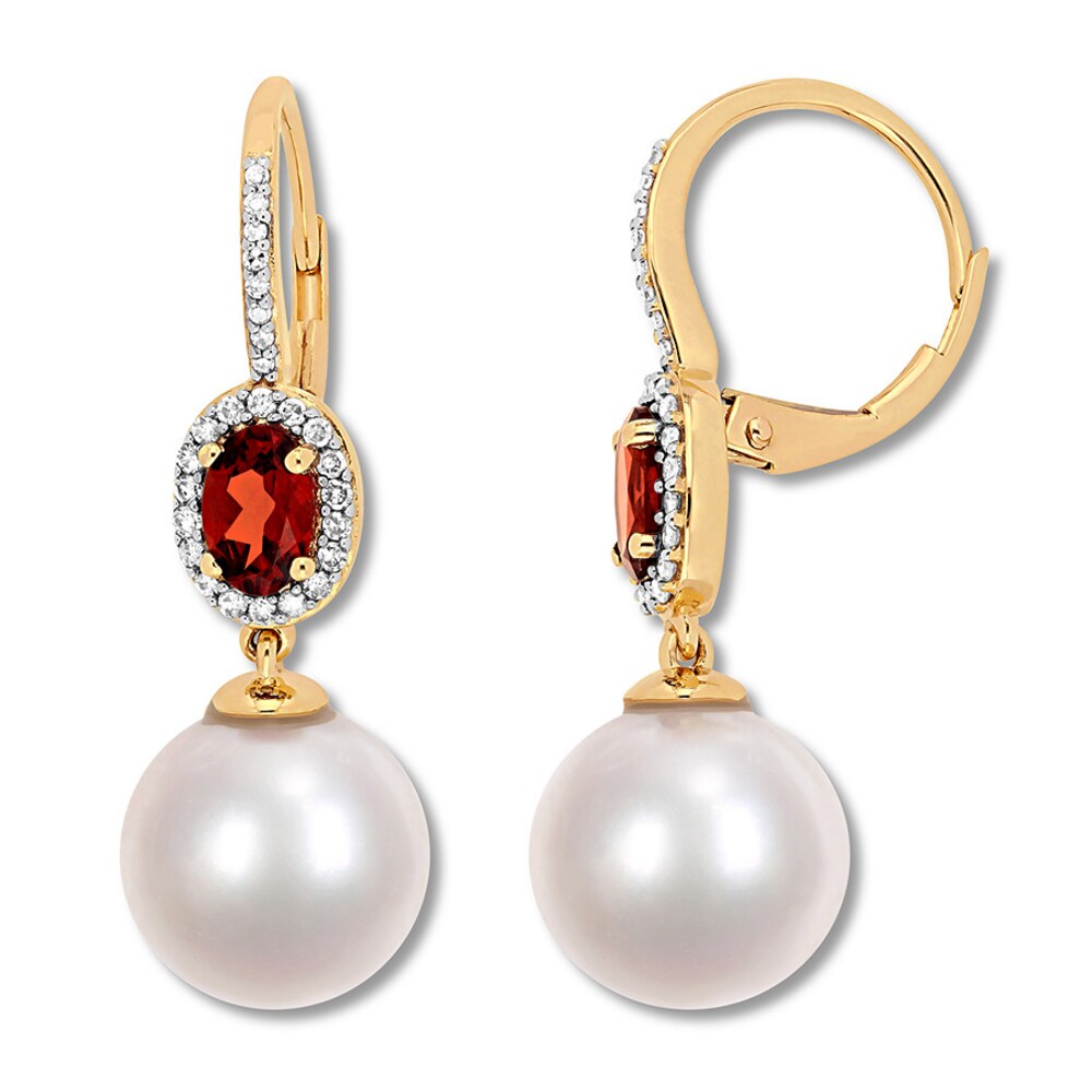 Garnet & Cultured Pearl Earrings 1/4 ct tw Diamonds 10K Yellow Gold 2JAFhSWR