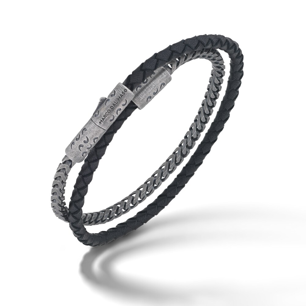 Marco Dal Maso Men's Double Wrap Mixed Chain & Woven Black Leather Bracelet Sterling Silver 8" 3hsdjJKD