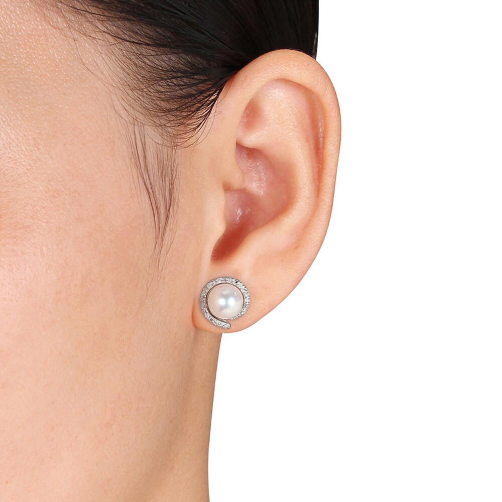 Cultured Pearl & Diamond Earrings 1/10 ct tw Sterling Silver 3vJrzg4N