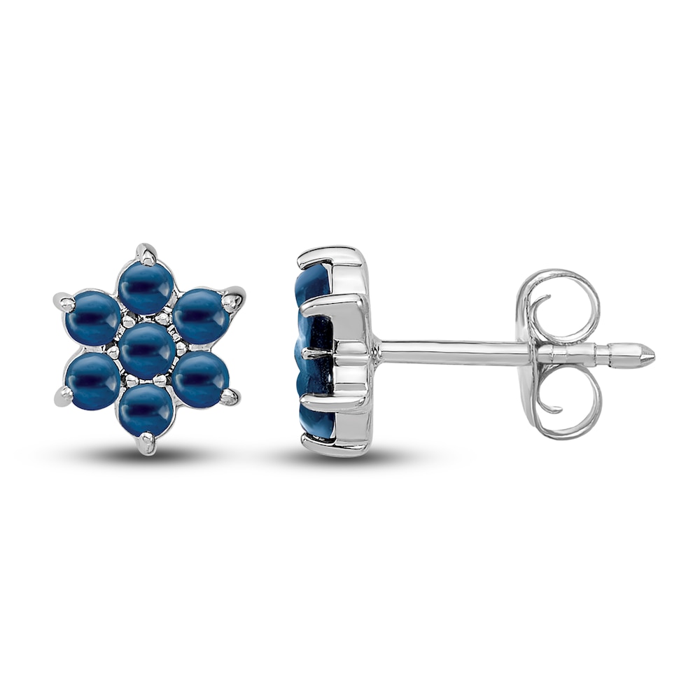 Natural Blue Sapphire Floral Stud Earrings 14K White Gold 5EkTUy4r