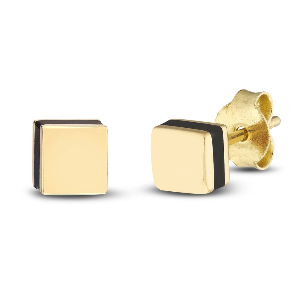 Square Stud Earrings Black Enamel 14K Yellow Gold 650FigXx