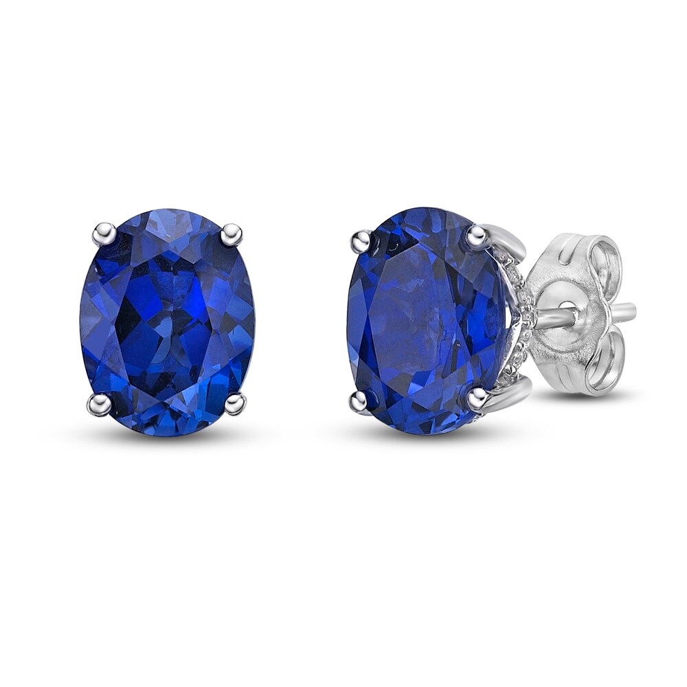 Lab-Created Ceylon Sapphire Stud Earrings 1/8 ct tw Round 10K White Gold 6P3GZM4b