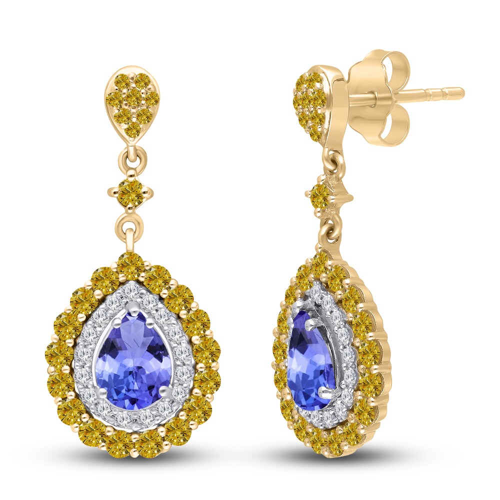 Kallati Natural Tanzanite & Natural Yellow Diamond Dangle Earrings 1-3/8 ct tw Round 14K Two-Tone Gold 6hZHgAJN