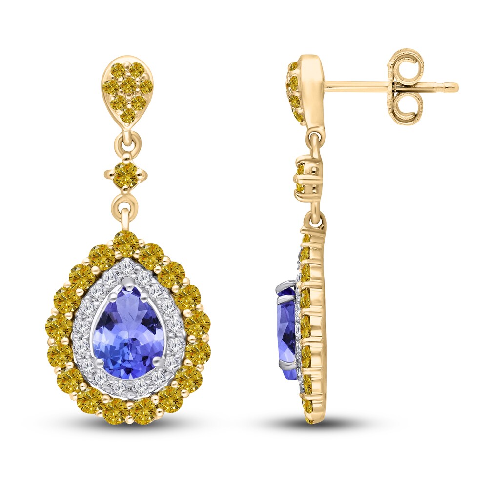 Kallati Natural Tanzanite & Natural Yellow Diamond Dangle Earrings 1-3/8 ct tw Round 14K Two-Tone Gold 6hZHgAJN