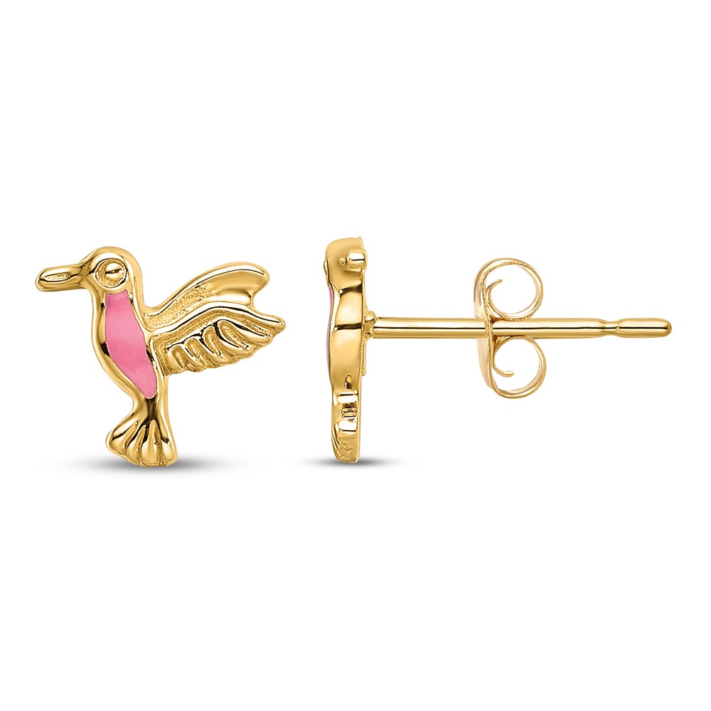 Hummingbird Stud Earrings Pink Enamel 14K Yellow Gold 6vULyDof