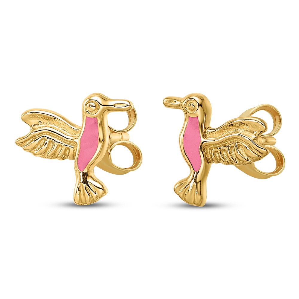 Hummingbird Stud Earrings Pink Enamel 14K Yellow Gold 6vULyDof