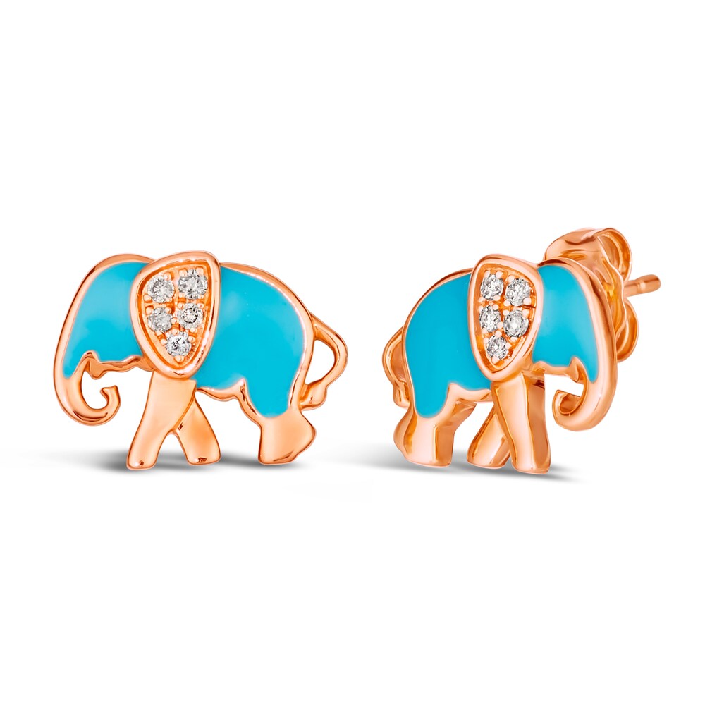 Le Vian Diamond Elephant Stud Earrings 1/15 ct tw Round Turquoise Enamel 14K Strawberry Gold 6zNjLSiY