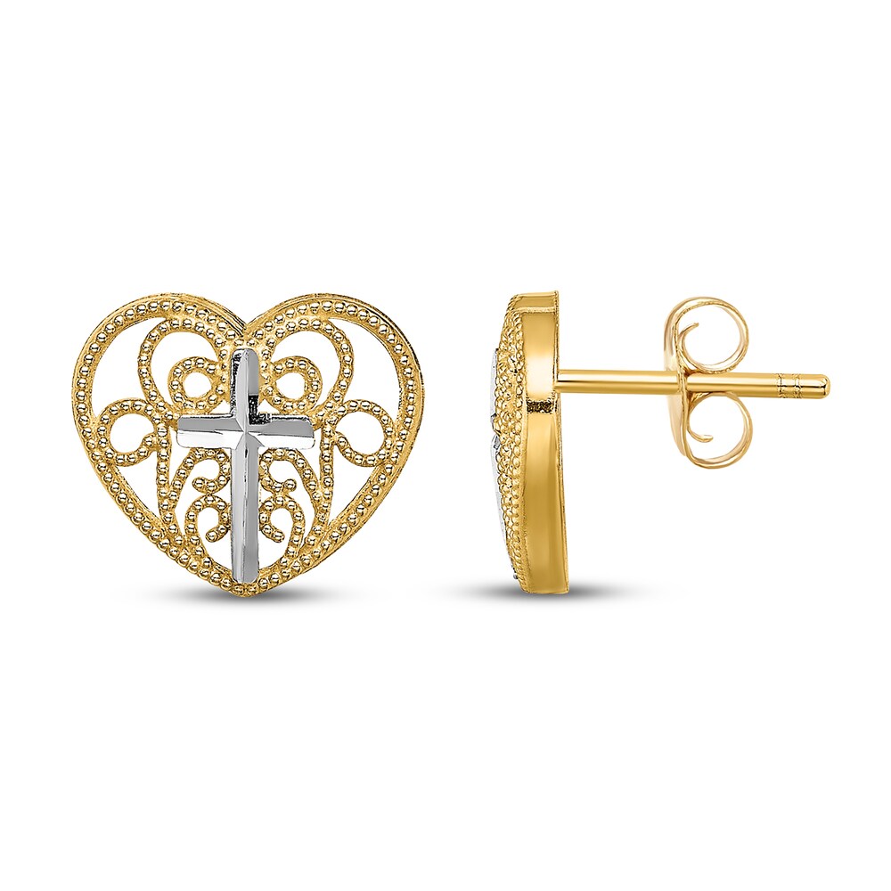 Filigree Cross Center Heart Stud Earrings 14K Two-Tone Gold 70pgAksn