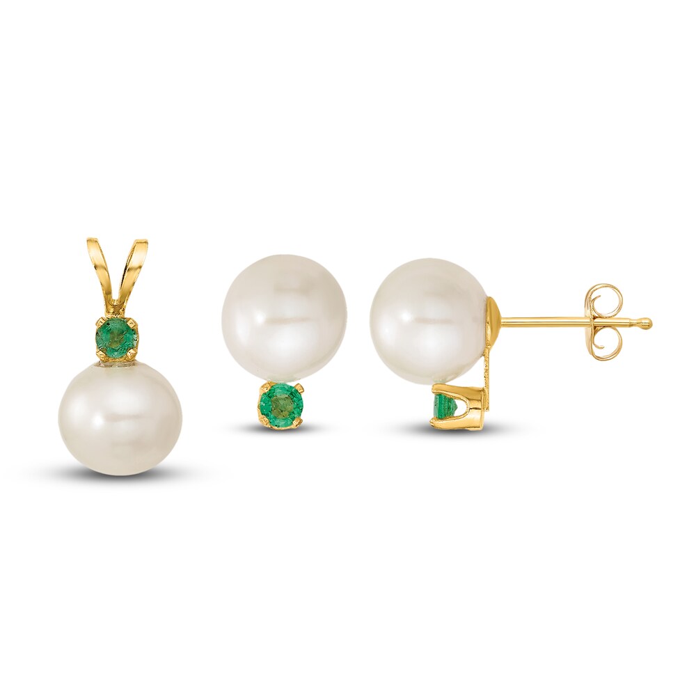 Cultured Freshwater Pearl & Natural Emerald Pendant/Earrings Set 14K Yellow Gold 7XRvhBJg