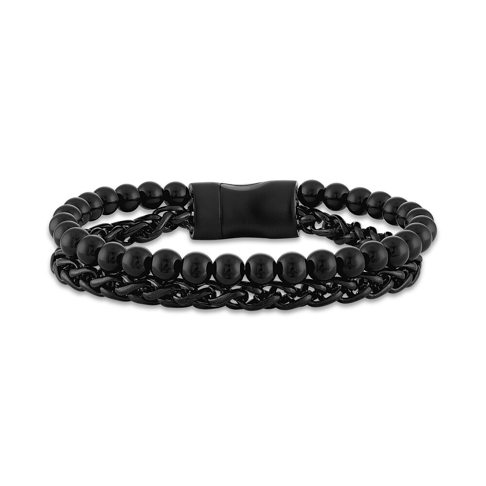 Men's Two-Layer Chain Bracelet Black Ion-Plated Stainless Steel 7m3RlGs5