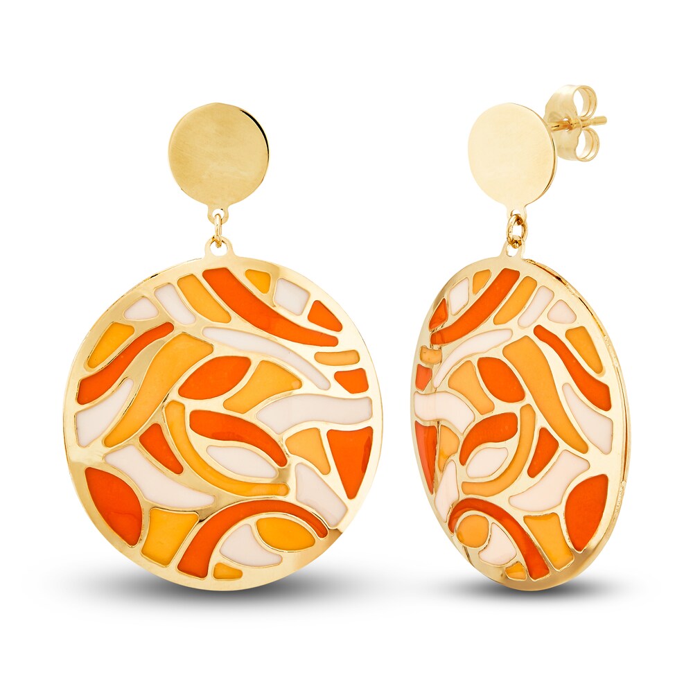 Italia D\'Oro Orange/Yellow /White Enamel Diamond-Cut Disk Dangle Earrings 14K Yellow Gold 8DgiMyq2