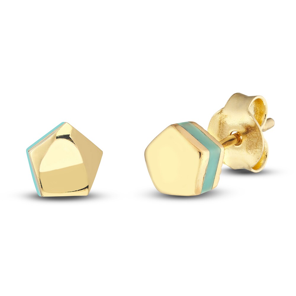 Pentagon Stud Earrings Turquoise Enamel 14K Yellow Gold 8LLYljY7