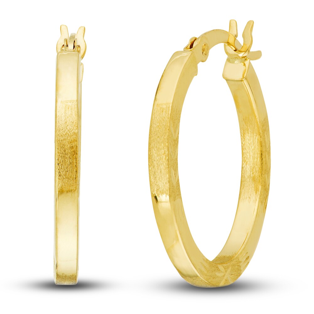 Diamond-Cut Square Tube Floral Hoop Earrings 14K Yellow Gold 20mm 9wGKvlhG