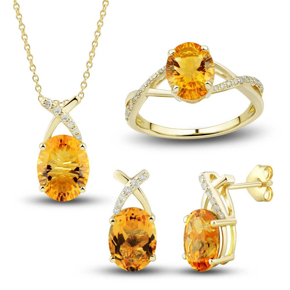 Natural Citrine Ring, Earring & Necklace Set 1/5 ct tw Diamonds 10K Yellow Gold A4LdNy6C