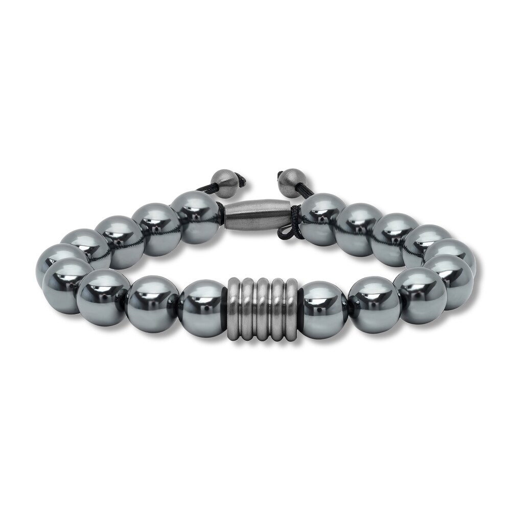 Men's Hematite Bead Bolo Bracelet Stainless Steel BZyEhPgE