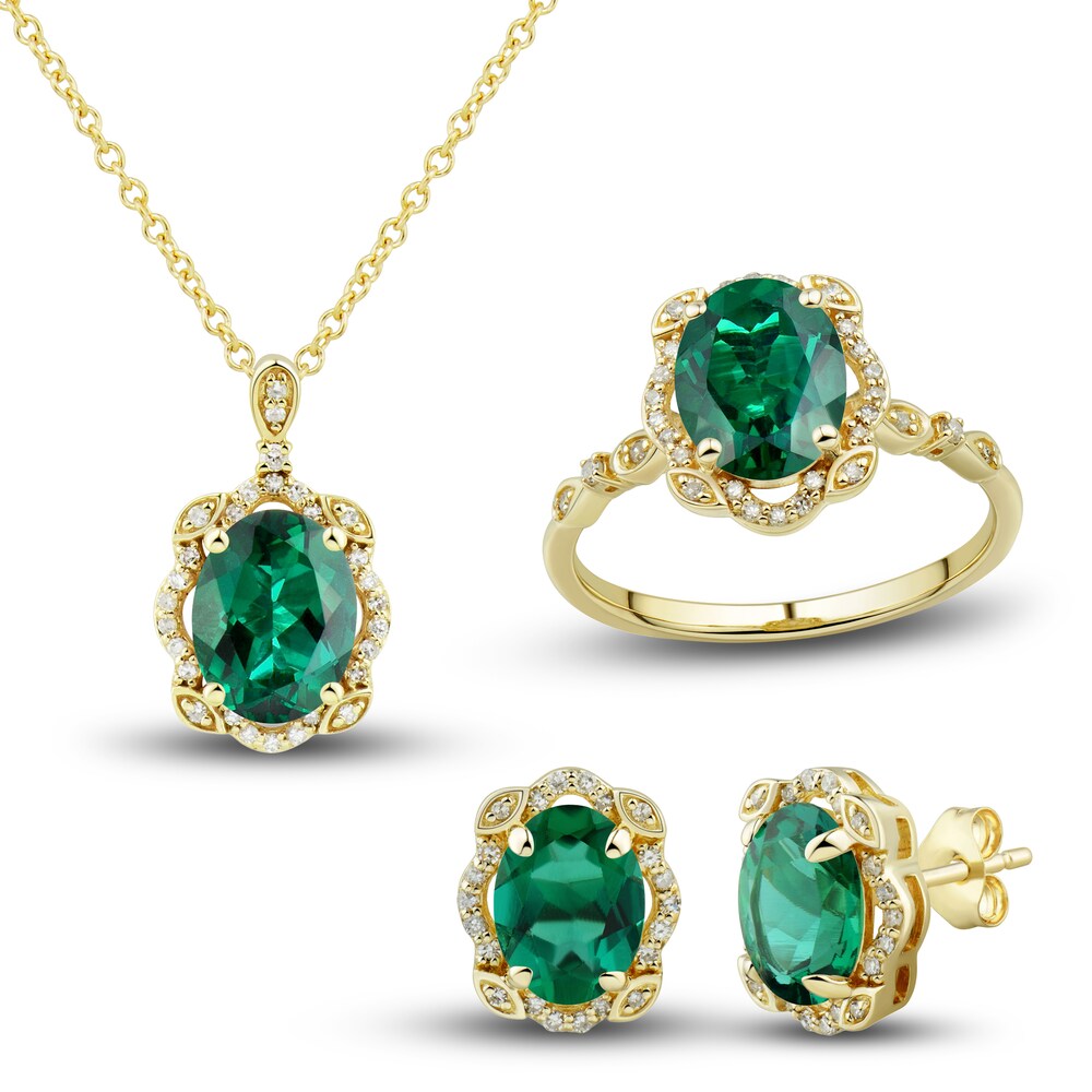 Lab-Created Emerald Ring, Earring & Necklace Set 1/3 ct tw Diamonds 10K Yellow Gold BqLcPl1g
