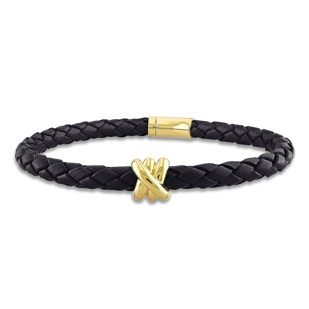 Men's Woven Black Leather Bracelet 14K Yellow Gold 9" COgOh4VF