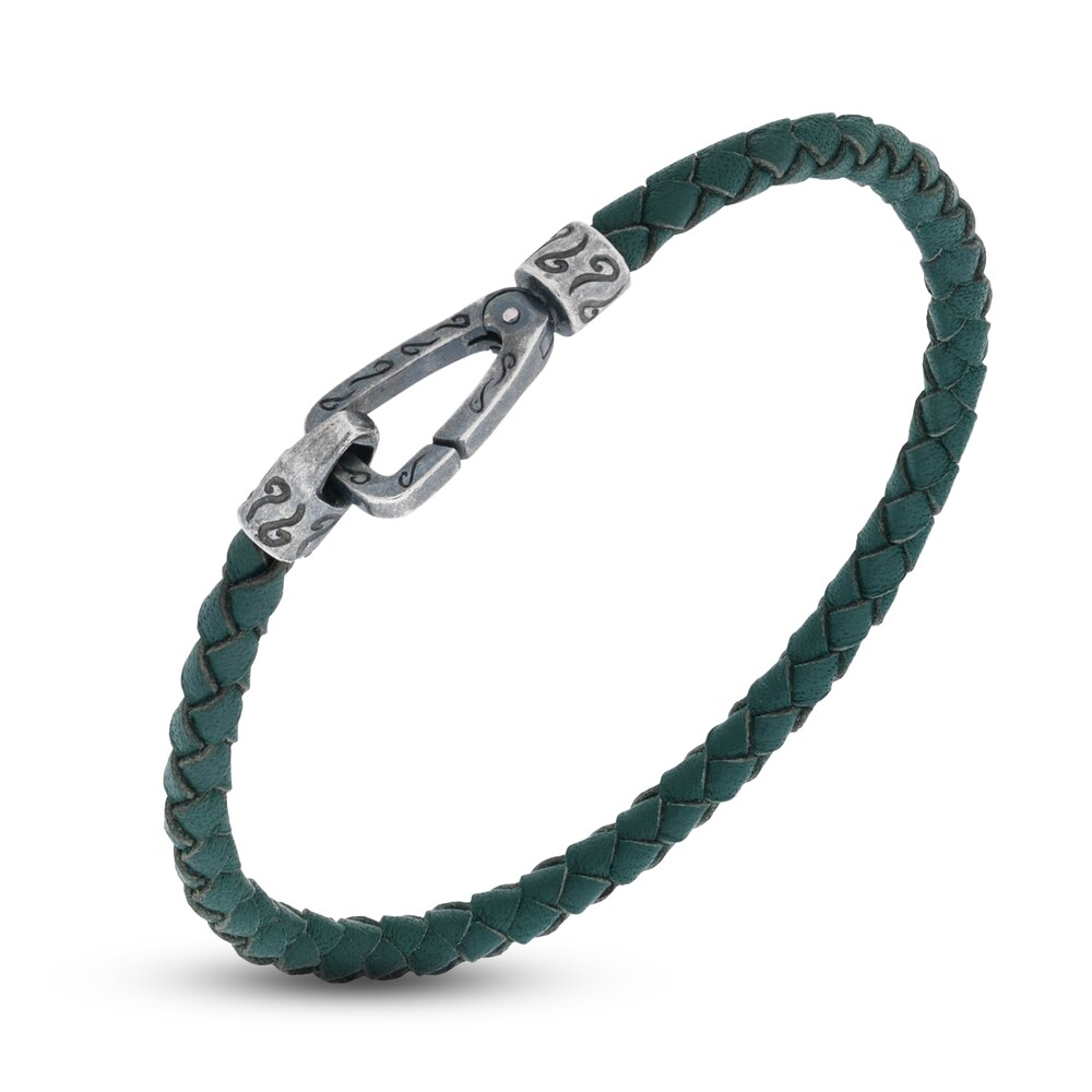 Marco Dal Maso Men's Woven Green Leather Bracelet Sterling Silver 8" CrvF0aWX