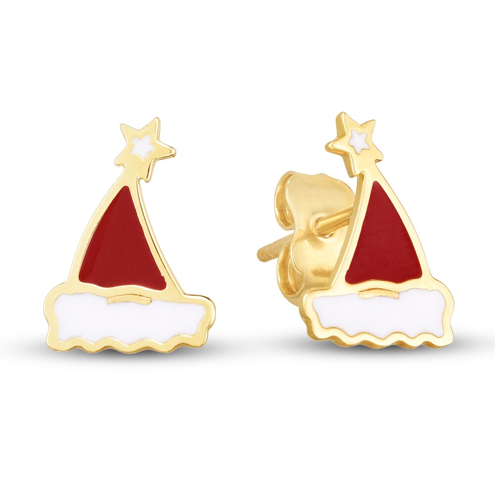 Santa Hat Stud Earrings Red/White Enamel 14K Yellow Gold D9NcmSEJ