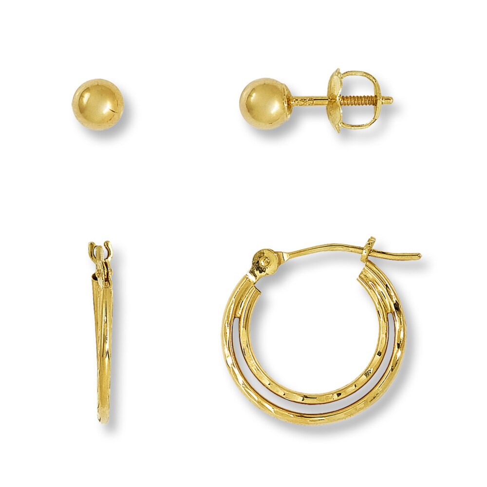 Hoop & Ball Earrings Set 14K Yellow Gold DaxOvPN4