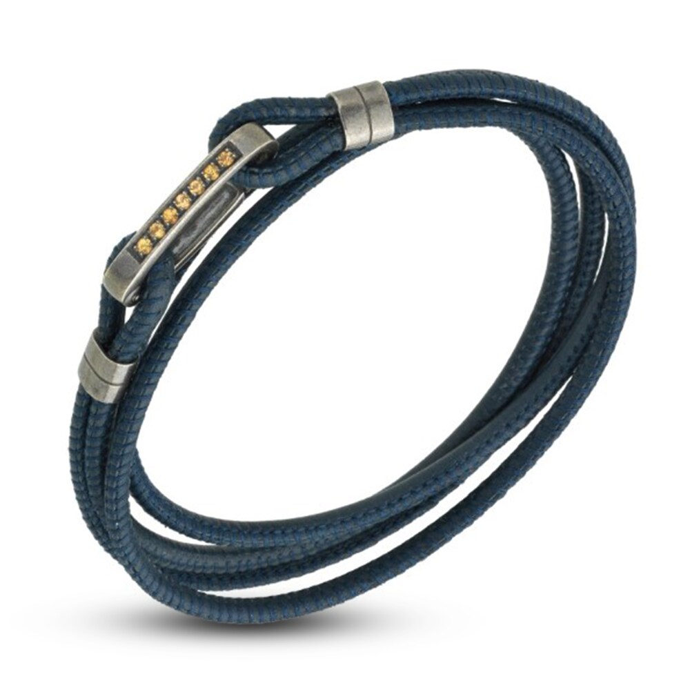 Marco Dal Maso Men's Woven Blue Leather Multi Wrap Bracelet Natural Yellow Sapphire Sterling Silver 8" DlpU8zH2