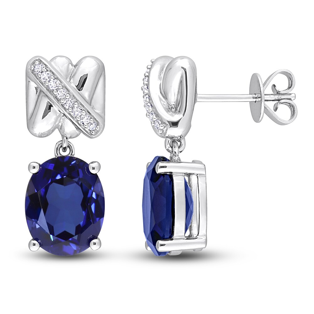 Lab-Created Blue Sapphire Earrings 1/15 Diamonds 14K White Gold EZOyrmPq