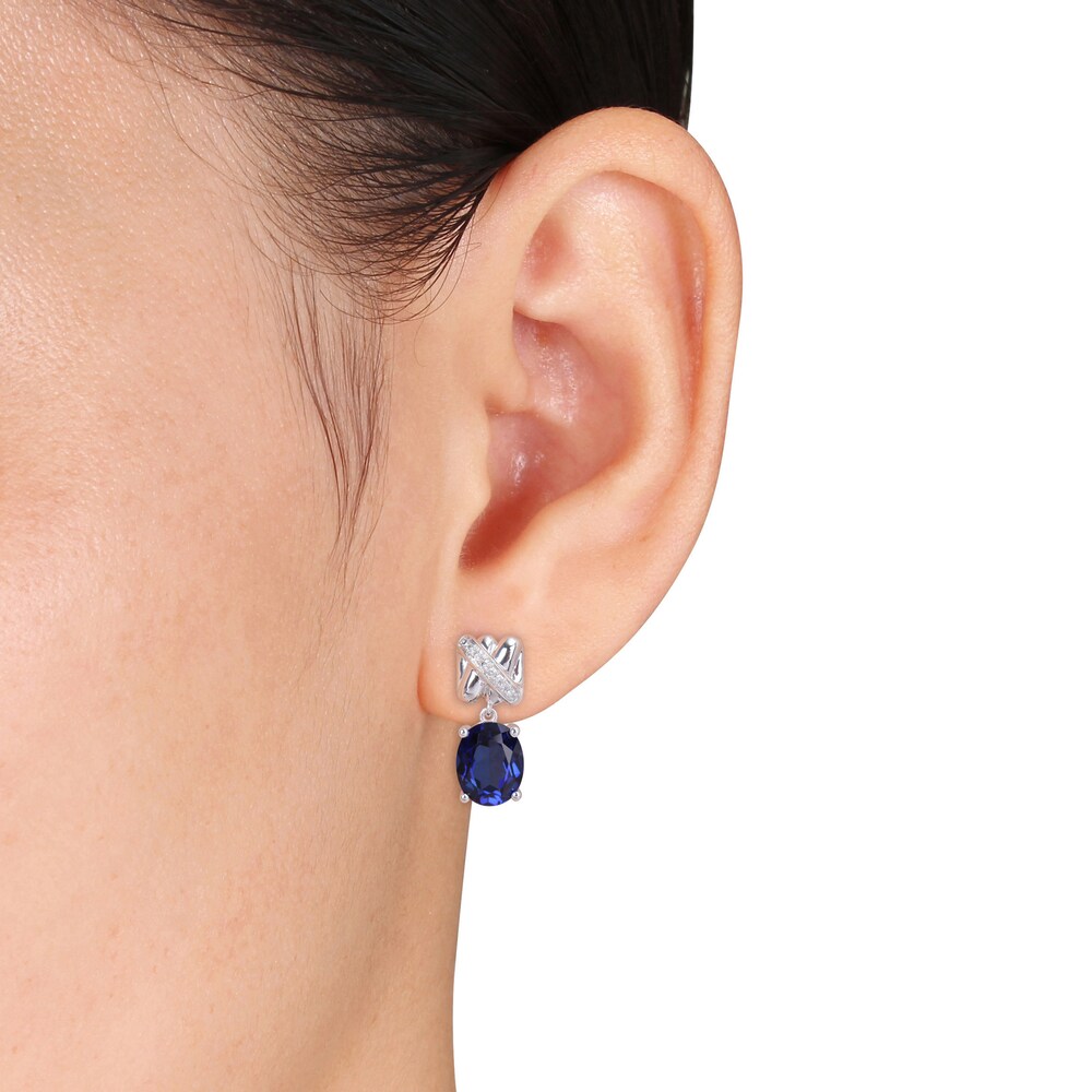 Lab-Created Blue Sapphire Earrings 1/15 Diamonds 14K White Gold EZOyrmPq