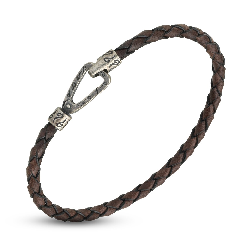 Marco Dal Maso Men's Woven Brown Leather Bracelet Sterling Silver 8" EcPMSvRW