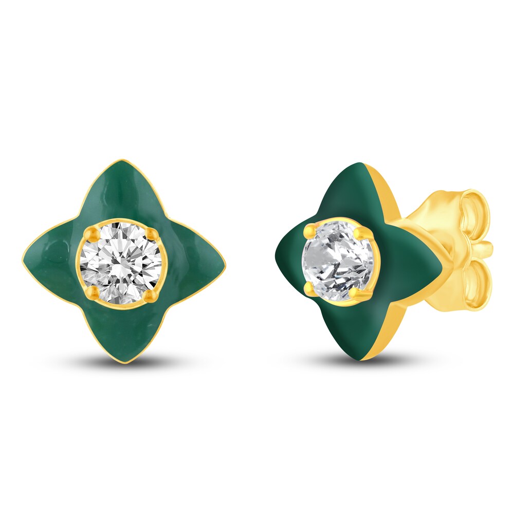 Diamond Stud Earrings 1/2 ct tw Round Green Enamel 14K Yellow Gold F96T1Go8