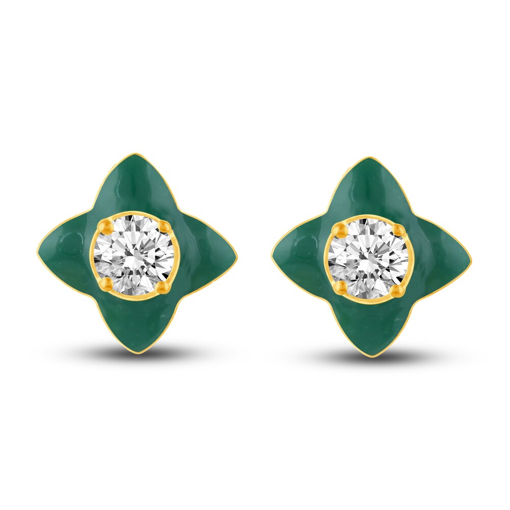 Diamond Stud Earrings 1/2 ct tw Round Green Enamel 14K Yellow Gold F96T1Go8