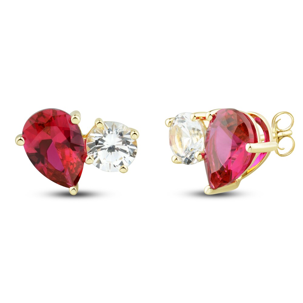 Lab-Created White Sapphire & Lab-Created Ruby Stud Earrings 10K Yellow Gold FGQByGzj