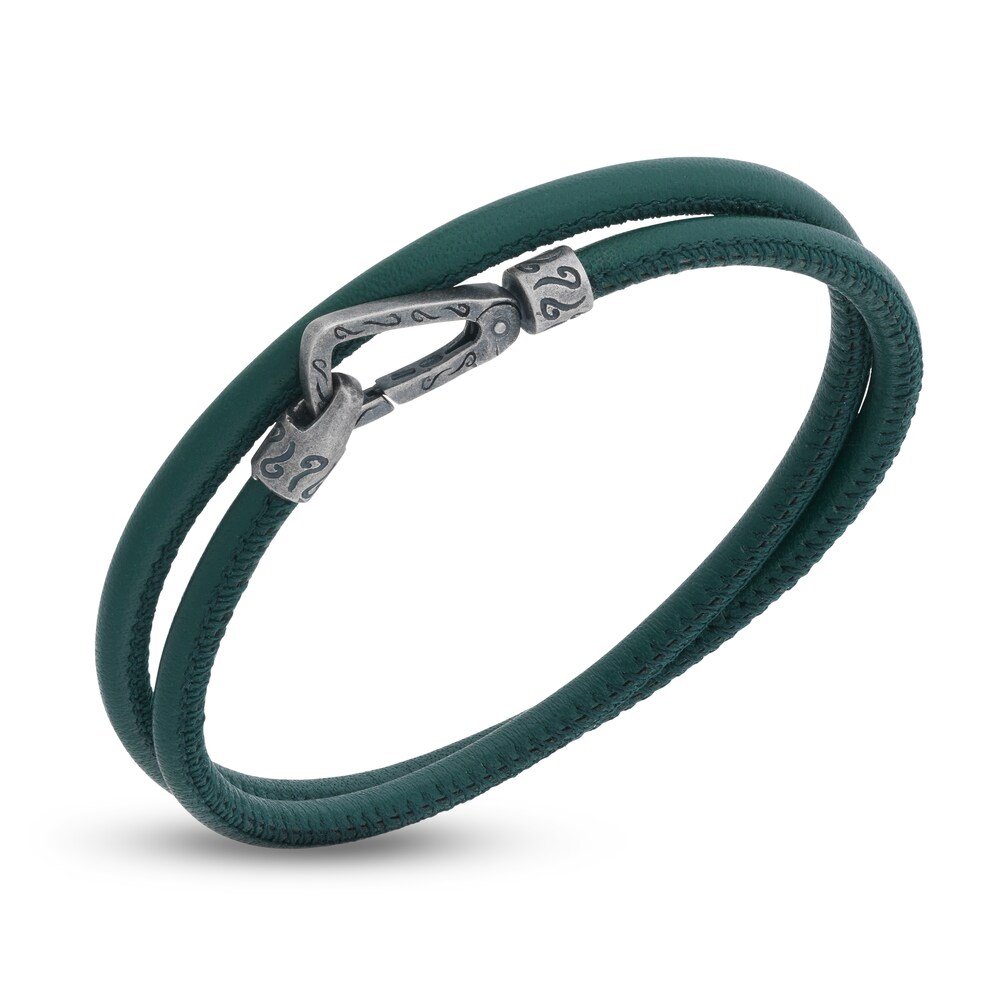 Marco Dal Maso Men's Smooth Green Leather Double Wrap Bracelet Sterling Silver 16" FU1N6L7Y