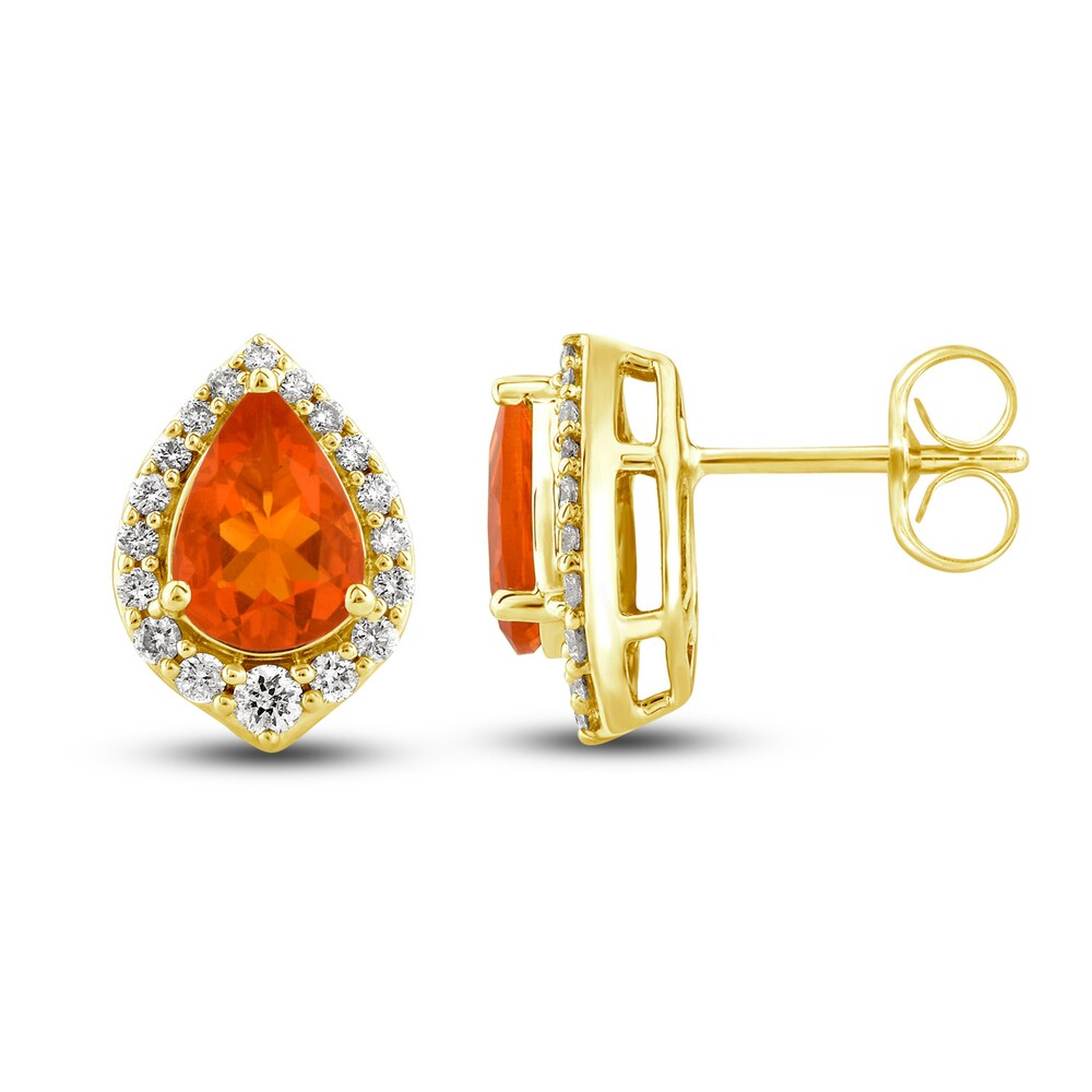 Natural Fire Opal Stud Earrings 1/4 ct tw Diamonds 10K Yellow Gold FXADqkpP