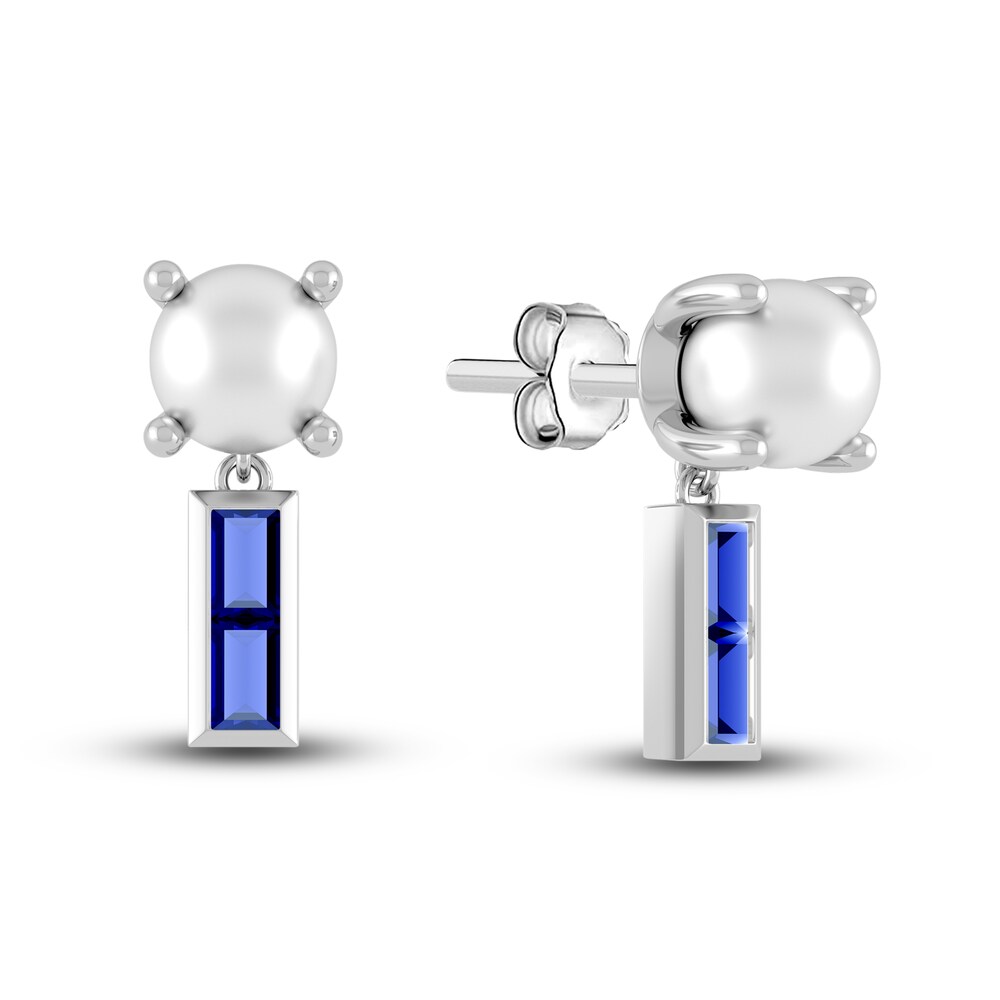 Juliette Maison Lab-Created Blue Sapphire Baguette and Cultured Freshwater Pearl Earrings 10K White Gold FsH6AHLb