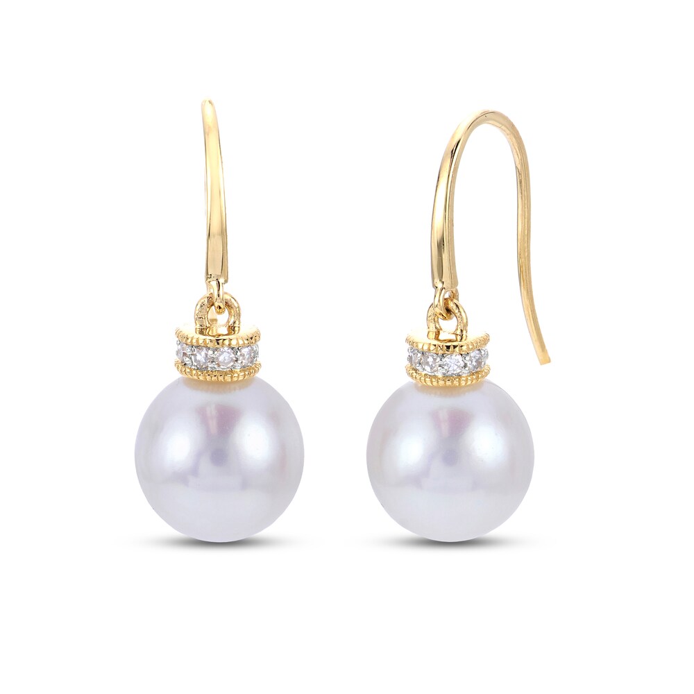 Cultured Akoya Pearl Dangle Earrings 3/4 ct tw Diamonds 14K Yellow Gold FzqHxFWu