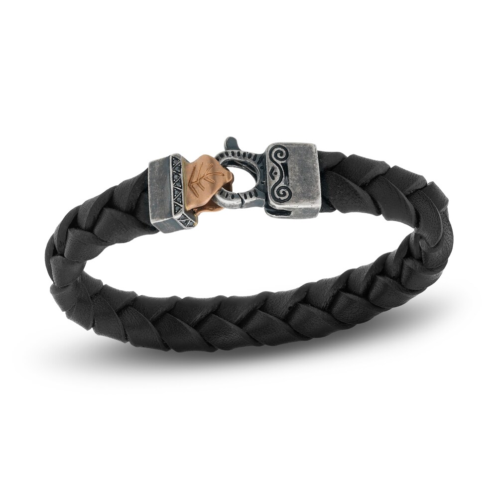 Marco Dal Maso Engraved Woven Black Leather Natural Black Diamond Bracelet Sterling Silver/18K Rose Gold-Plated 8" GStOzTJf