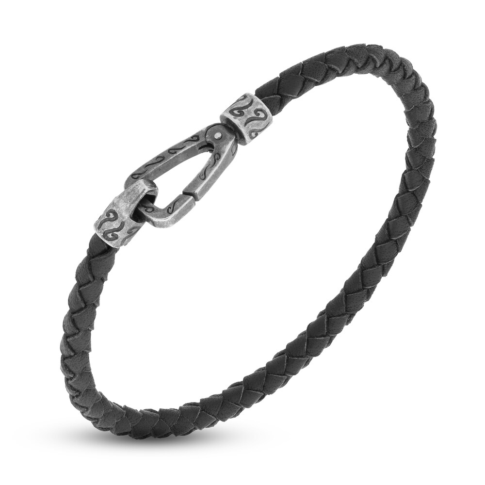 Marco Dal Maso Men's Woven Black Leather Bracelet Sterling Silver 8" HJU0NNQD