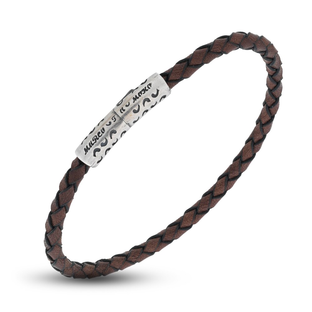 Marco Dal Maso Engraved Woven Brown Leather Bracelet Sterling Silver 8" HJV3ty0F