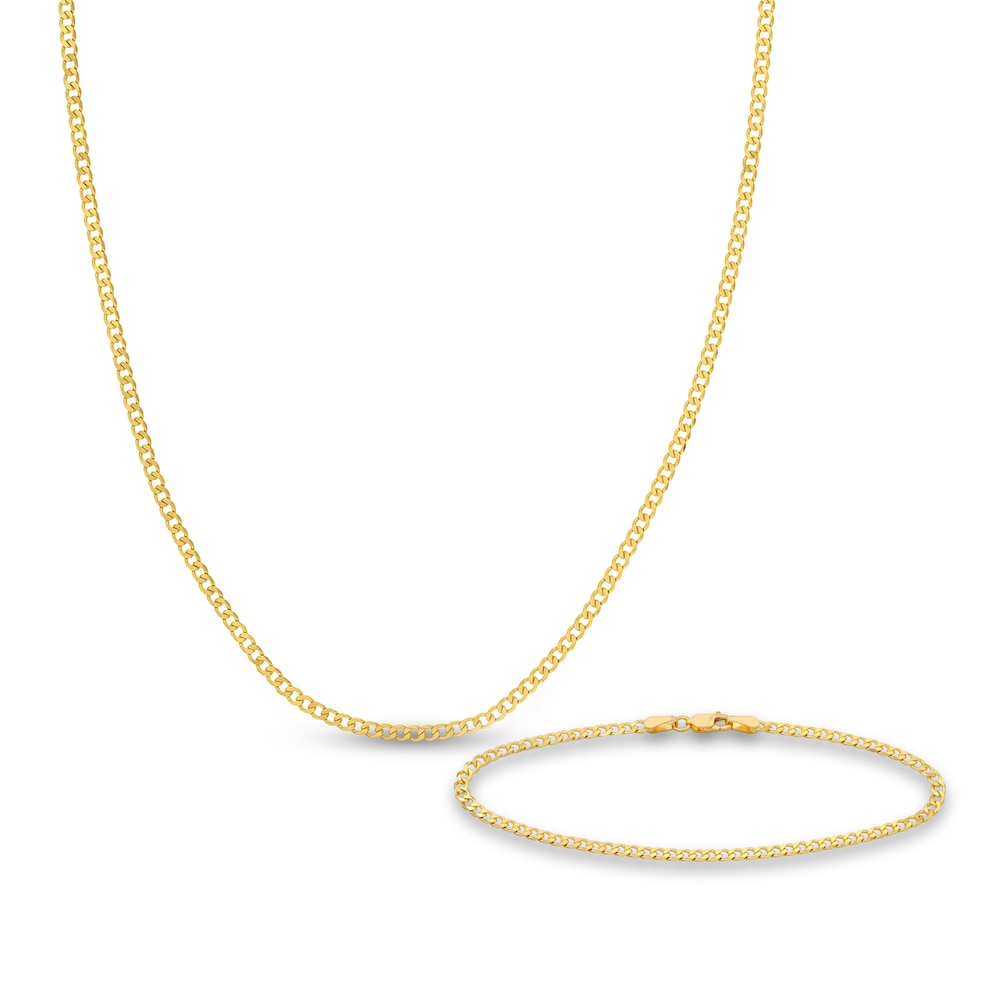 Curb Chain Necklace/Bracelet Set 14K Yellow Gold 24" HQPWNfBo