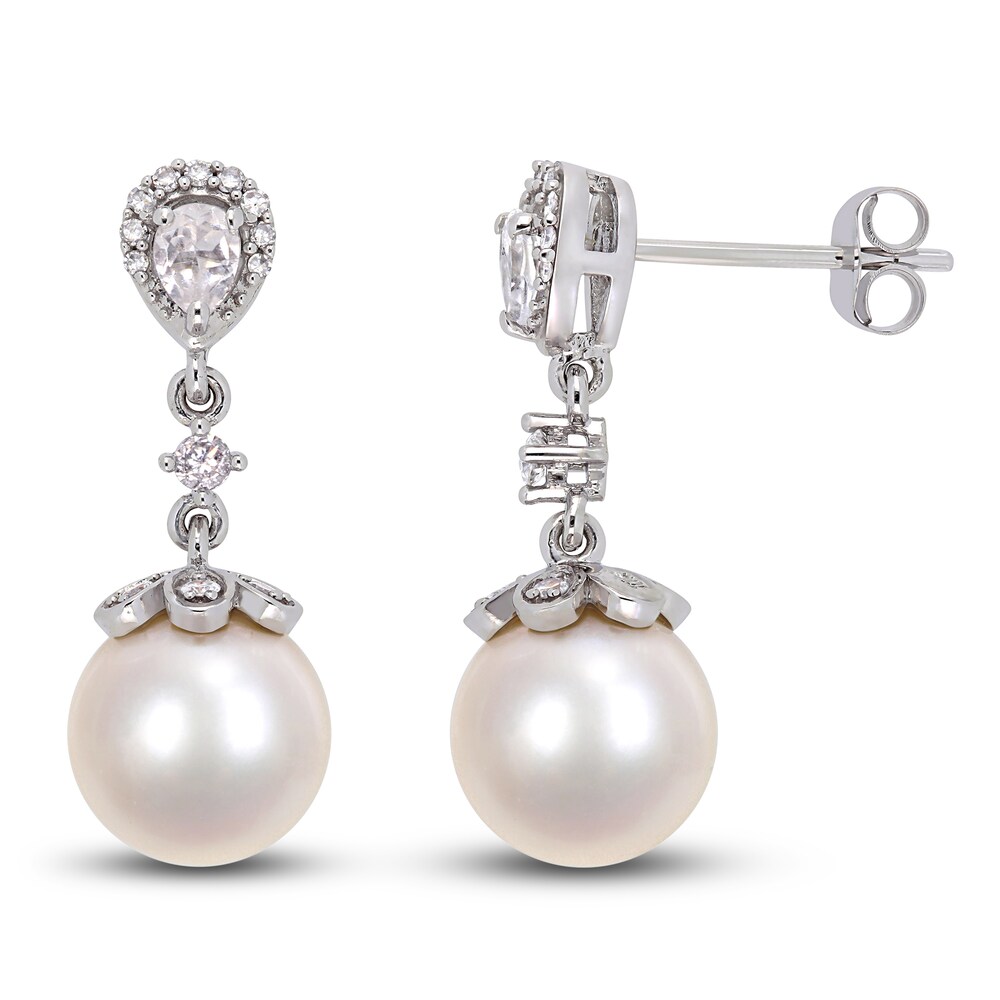 Cultured Freshwater Pearl & Natural White Topaz Earrings 1/5 ct tw Diamonds 10K White Gold HXUqpCP2