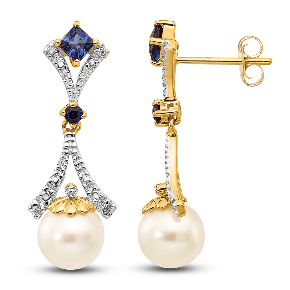 Cultured Freshwater Pearl & Lab-Created Blue Sapphire Dangle Earrings Diamond Accents 14K Yellow Gold HjxYWQbT