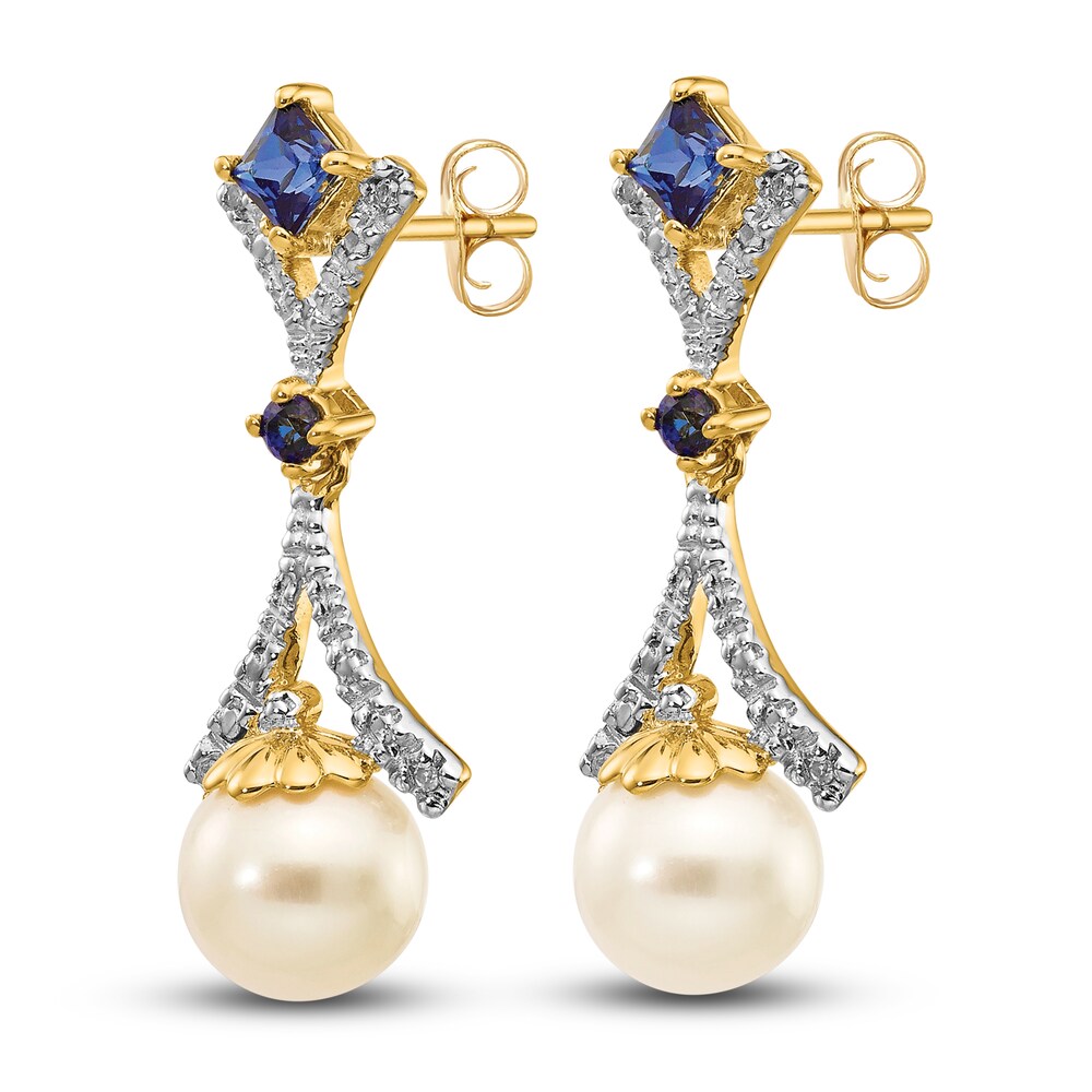 Cultured Freshwater Pearl & Lab-Created Blue Sapphire Dangle Earrings Diamond Accents 14K Yellow Gold HjxYWQbT