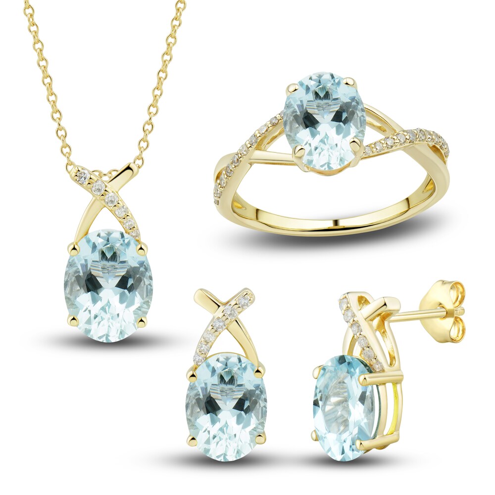 Natural Aquamarine Ring, Earring & Necklace Set 1/5 ct tw Diamonds 10K Yellow Gold I1GlrI1C