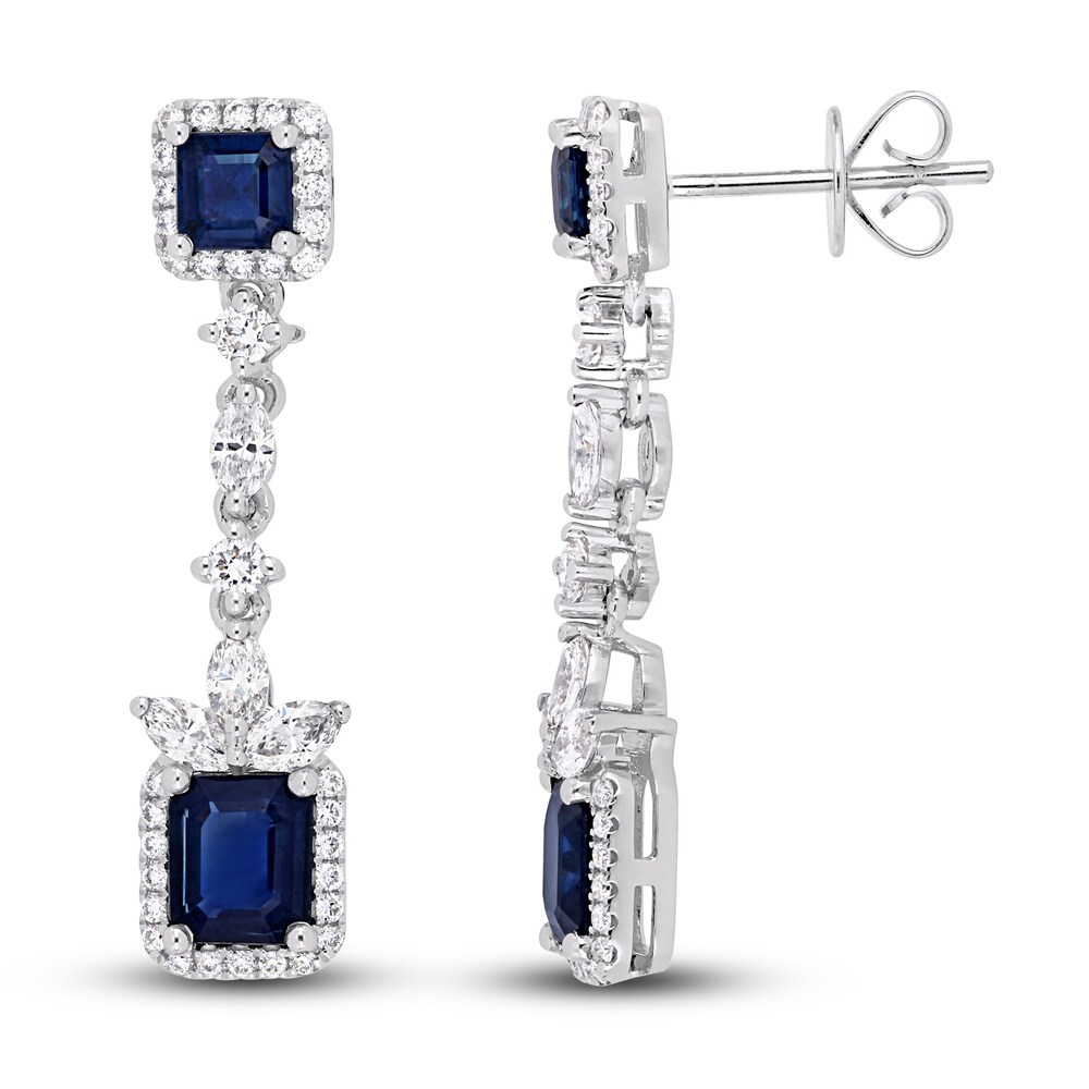Natural Blue Sapphire Drop Earrings 1 ct tw Diamonds 14K White Gold I83N4H51