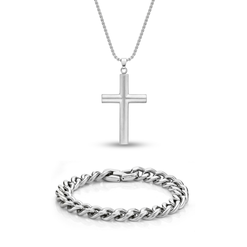 Men's Cross Necklace & Bracelet Set Stainless Steel ILtzqfhT